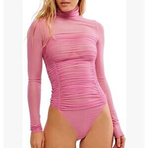 Free People Women's Under It All Bodysuit Pink Fiji NWT S mesh Slinky Stretch